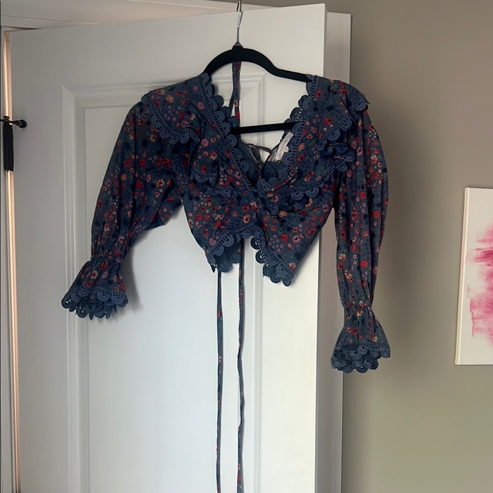 Olivaceous Blue and Red Puff Sleeve Crop Blouse